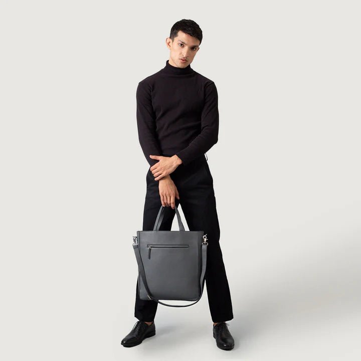 The Poet Grey Full-Grain Milled Leather Tote Bag for Men & Women - Darklove