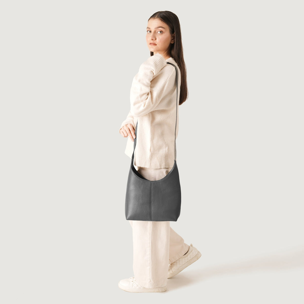 Stefani Grey Leather Hobo Bag - DarkLove