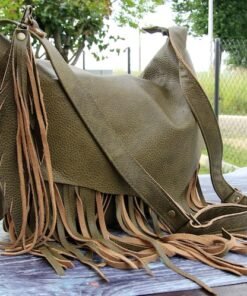 Darklove Rustic Tan Leather Boho Hobo Bag with Tassels